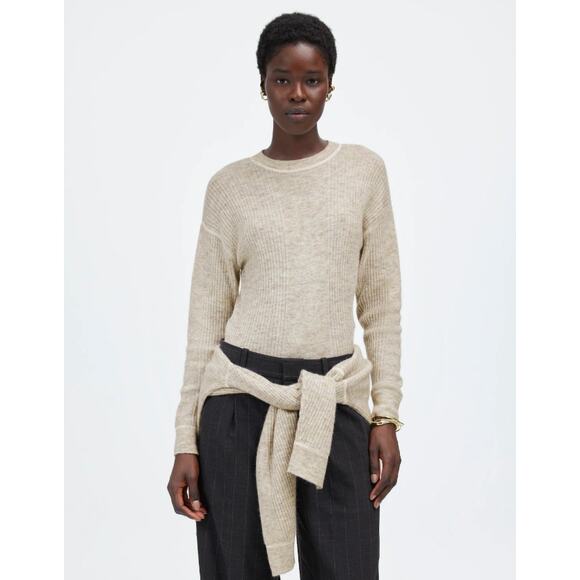 Madewell Ribbed Alpaca-Blend Crewneck Sweater Sz 2XS Heather Stone Drop Shoulder - Picture 1 of 8